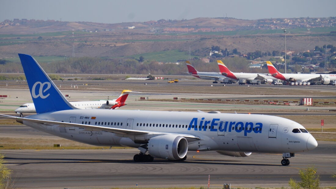 Air Europa's Boeing 787-8 Dreamliner, EC-MIH taxiing in Madrid-Barajas Airport in front of Terminal 4, Iberia's home terminal.
