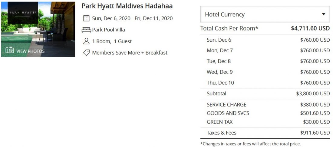 hyatt maldives standard price