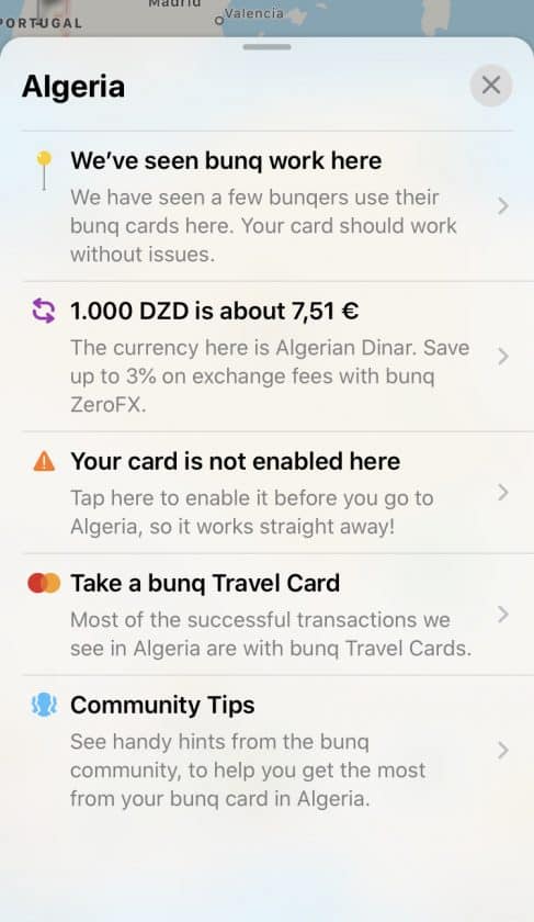 Bunq Travel Card Country information 2