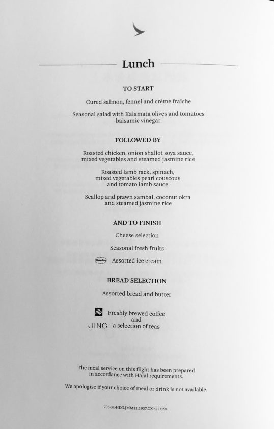Cathay Pacific Business Class Review Menu 3