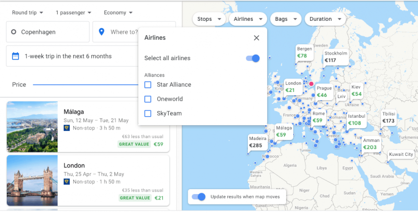 Google Flights Search Airline Filter