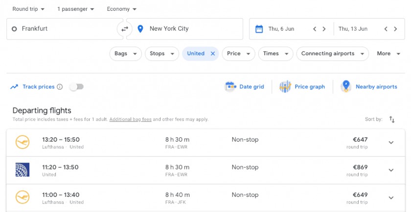 Google Flights search Code Share