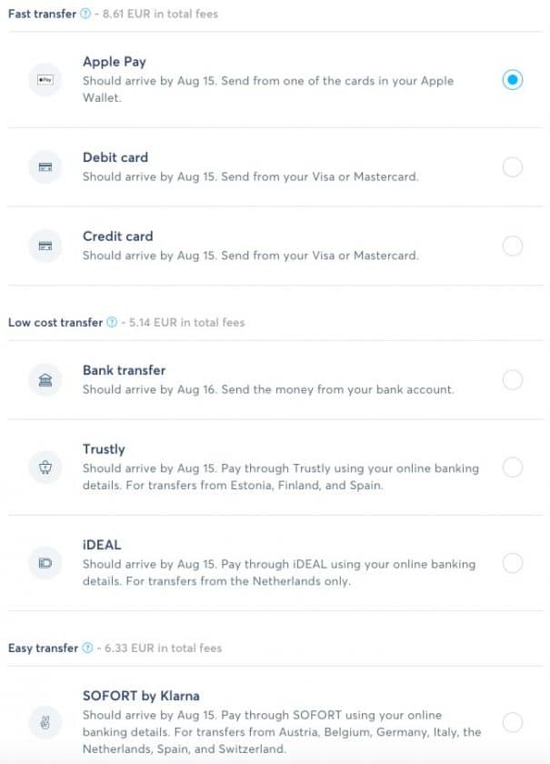 TransferWise Payment Options